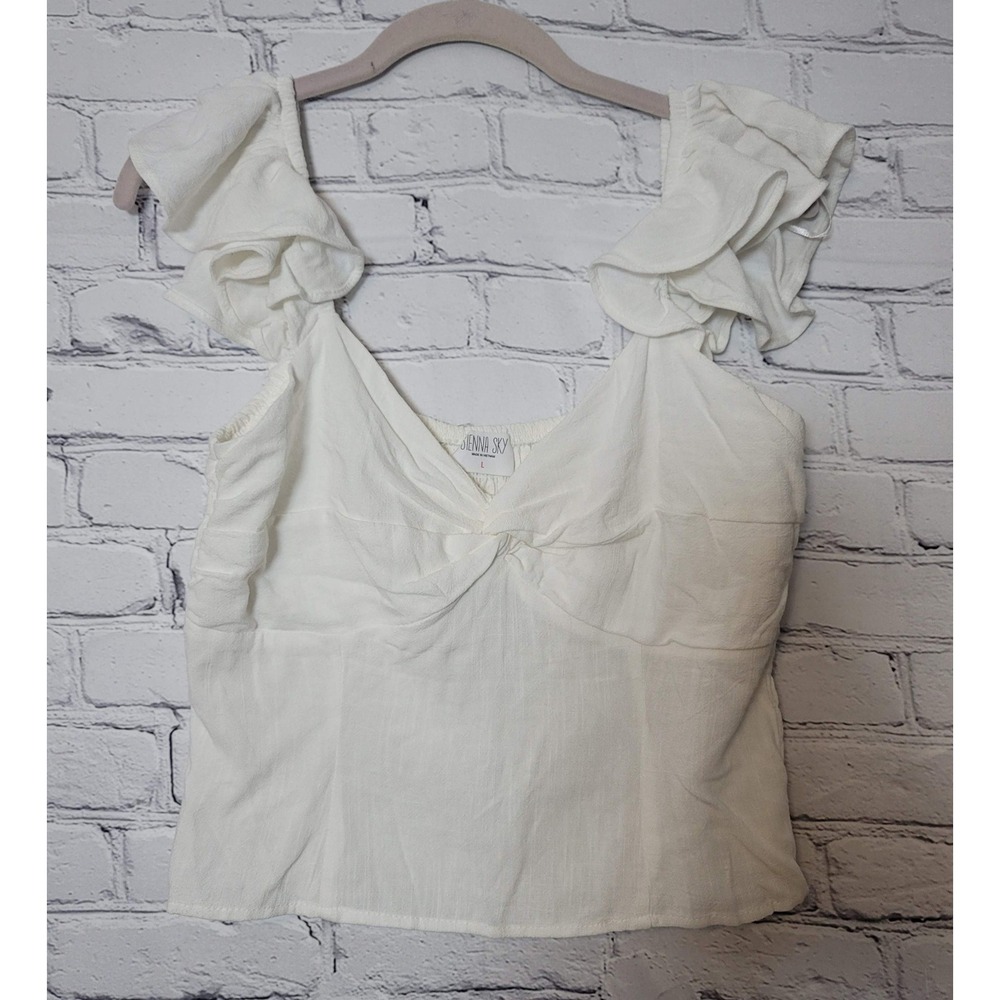 Sienna Sky White Linen Blend Ruffle Strap Smocked Back Crop Top L Ladies Cottage